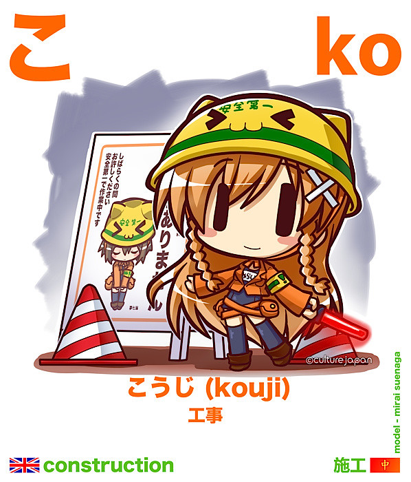Construction being translated in writing as Hiragana (kouji). "Moekana-ko"  Photo Credit: Danny Choo.
