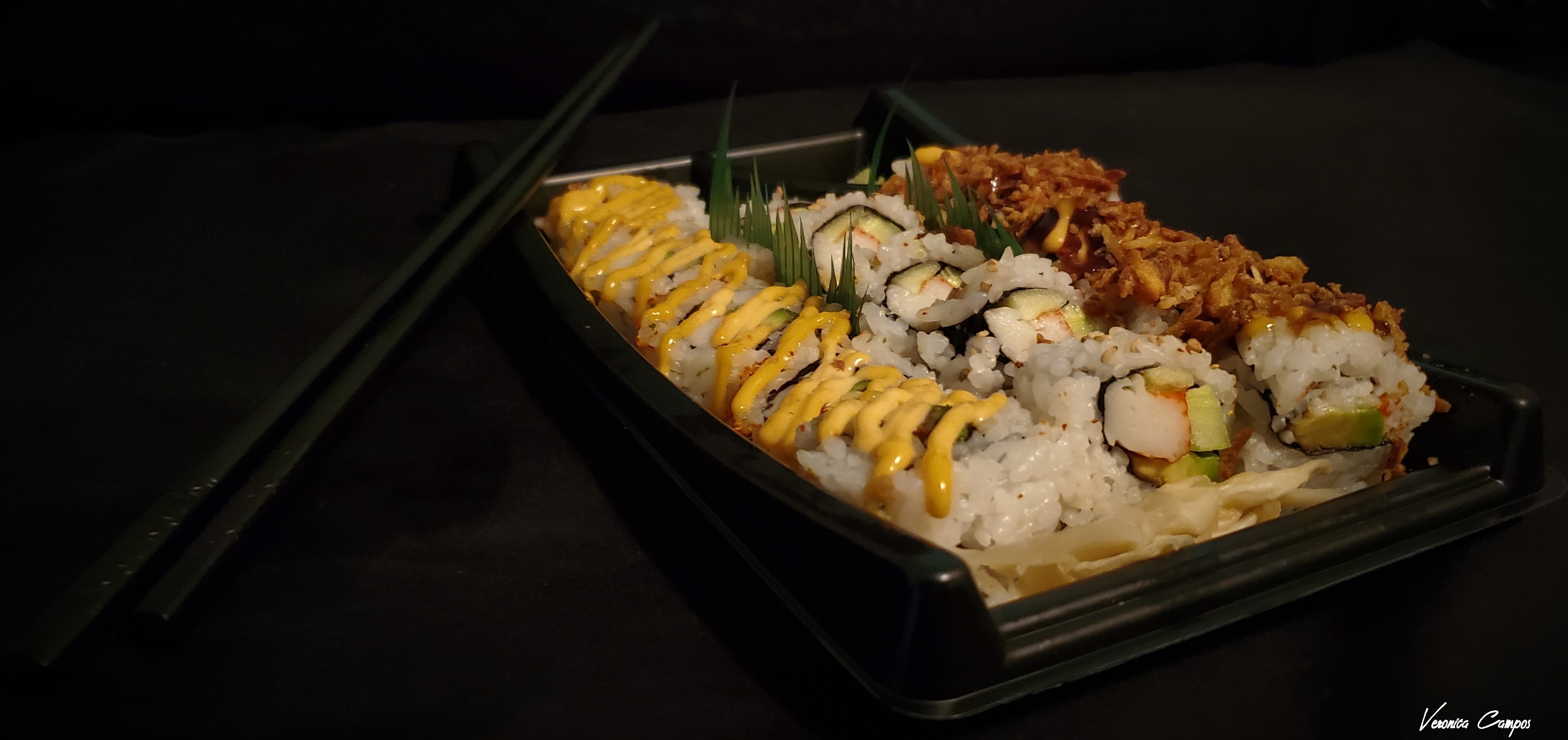 Sushi and Chopsticks. Photo taken by me.